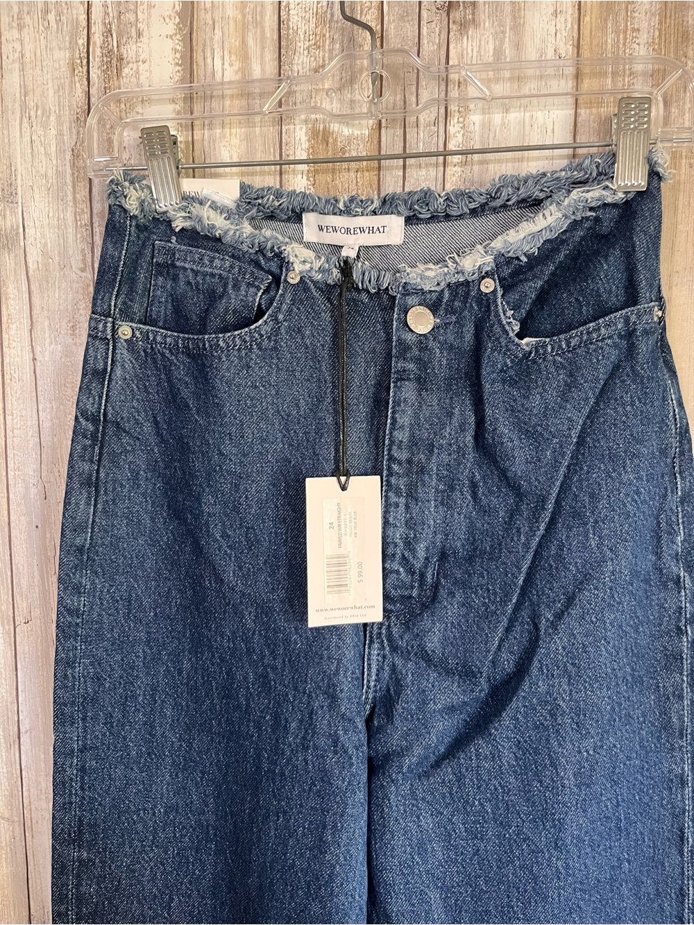 NWT WeWoreWhat Frayed Waistband Straight Leg Jeans 24 Indigo Blue $99 - Picture 3 of 5